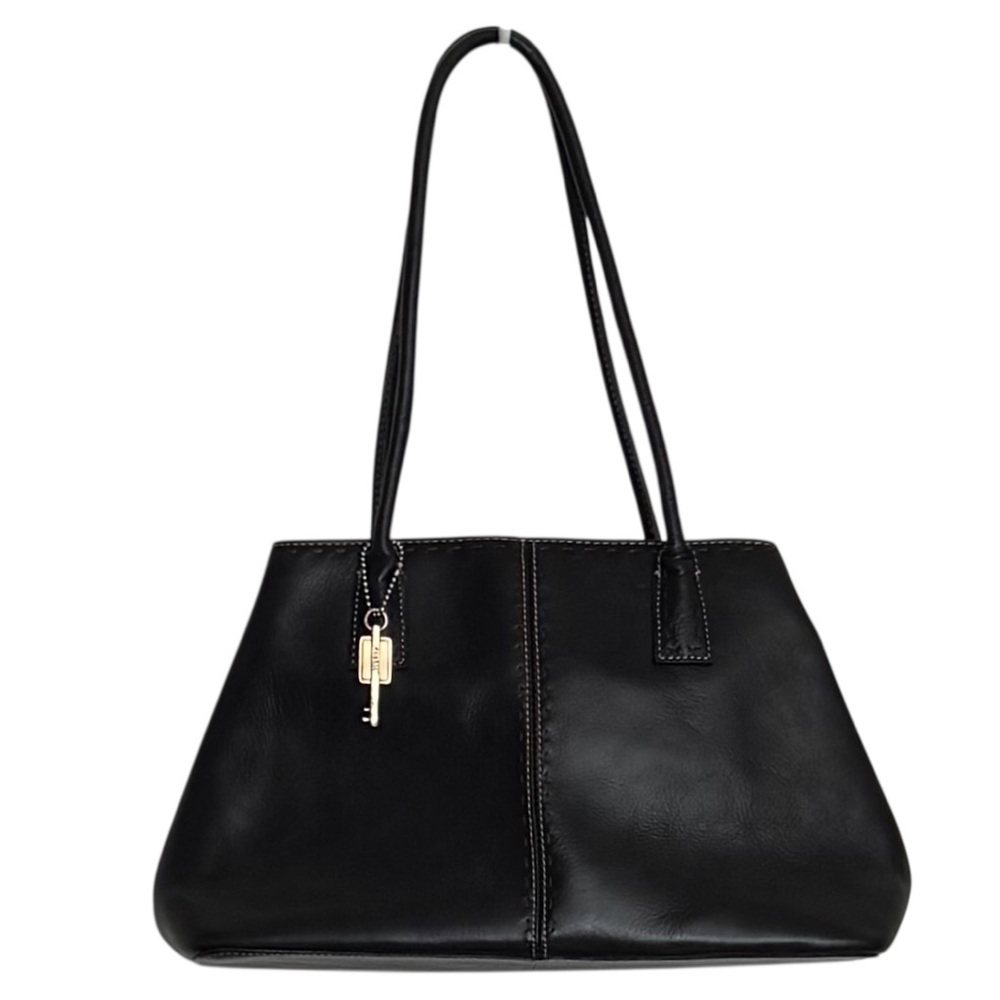 FOSSIL Black Leather Satchel Bag Shoulder Snap Closure Purse Handbag